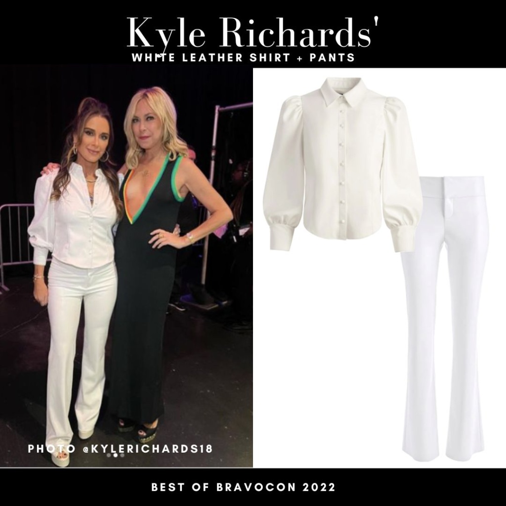 Kyle Richards' White Leather Puff Sleeve Top and Pants at Bravocon 2022