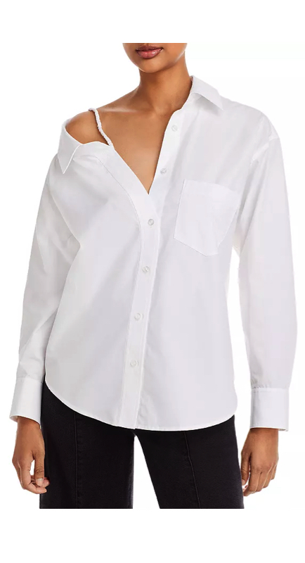 Lisa Barlow’s White Asymmetric Cold Shoulder Shirt 1
