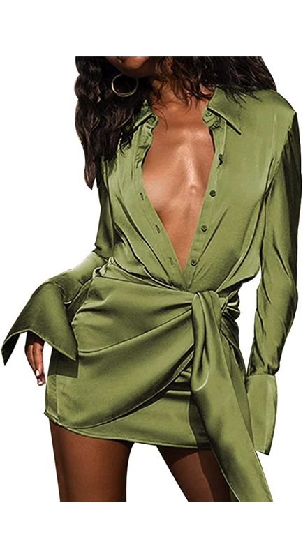 Ciara Miller’s Green Satin Shirt Dress