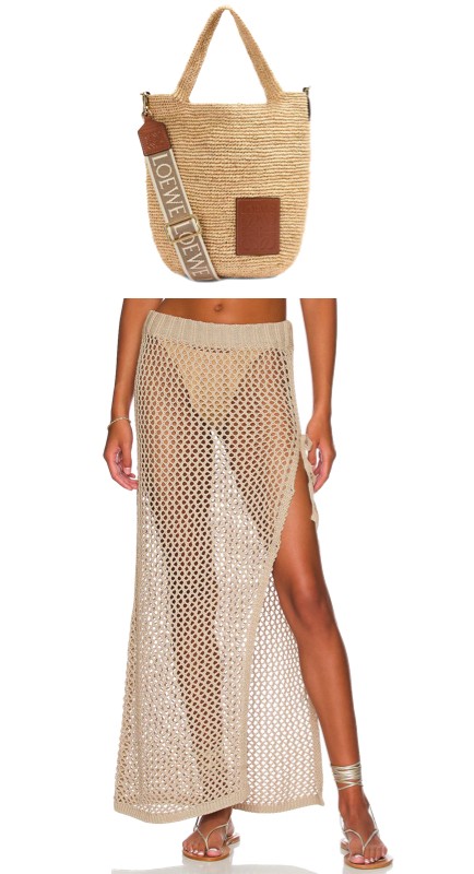 Tracy Tutor’s Beige Mesh Cover Up Skirt and Raffia Bag