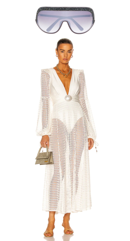 Angie Katsanevas’ Glitter Shield Sunglasses and White Mesh Dress