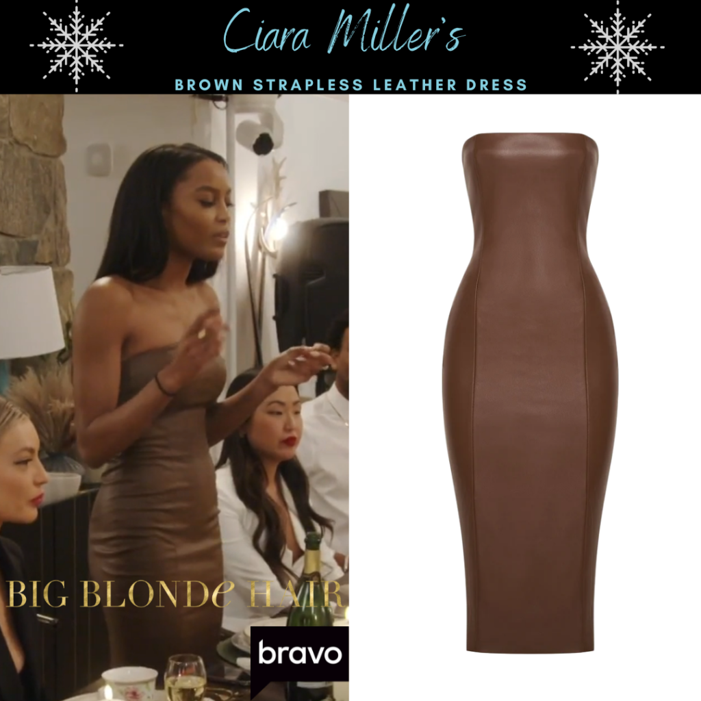 Ciara Miller’s Brown Strapless Leather Dress