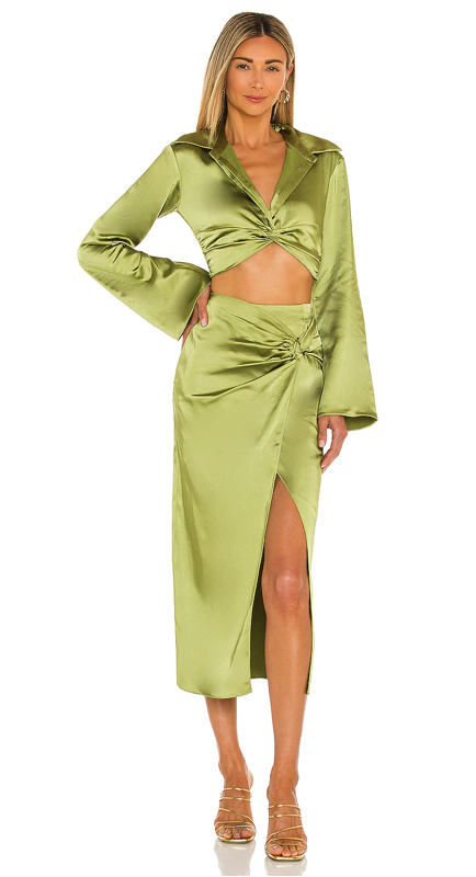 Whitney Rose’s Green Satin Crop Top and Skirt