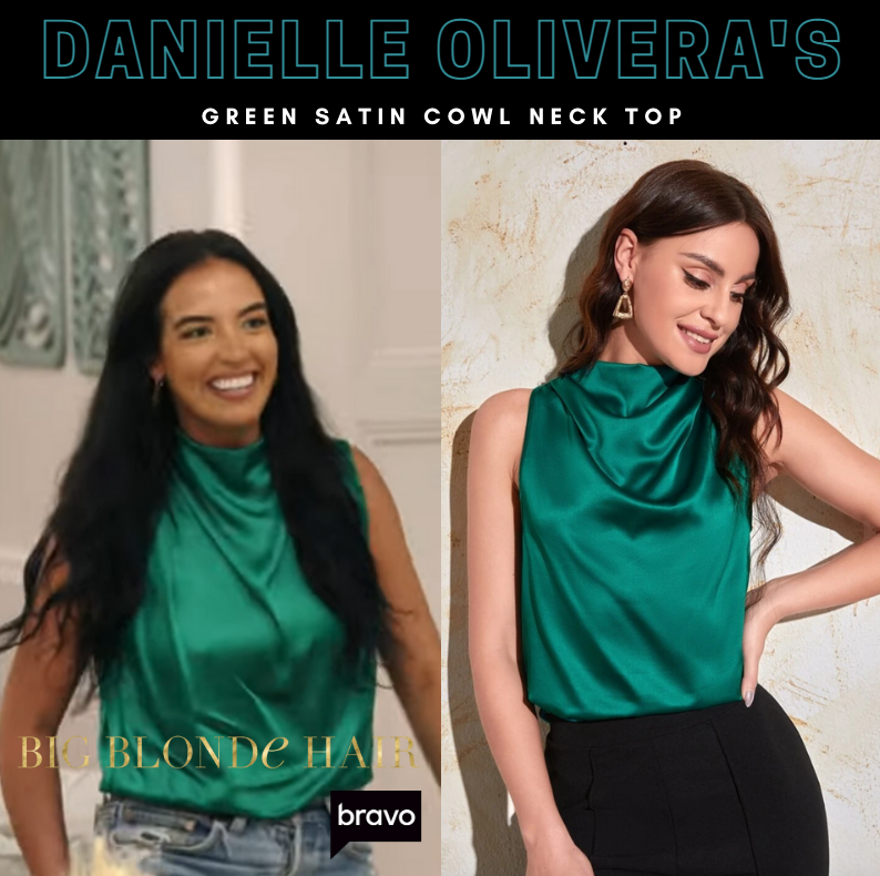 Danielle Olivera's Green Satin Cowl Neck Top