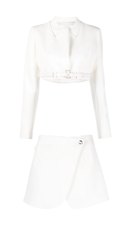 Paige DeSorbo's White Cropped Jacket and Skirt