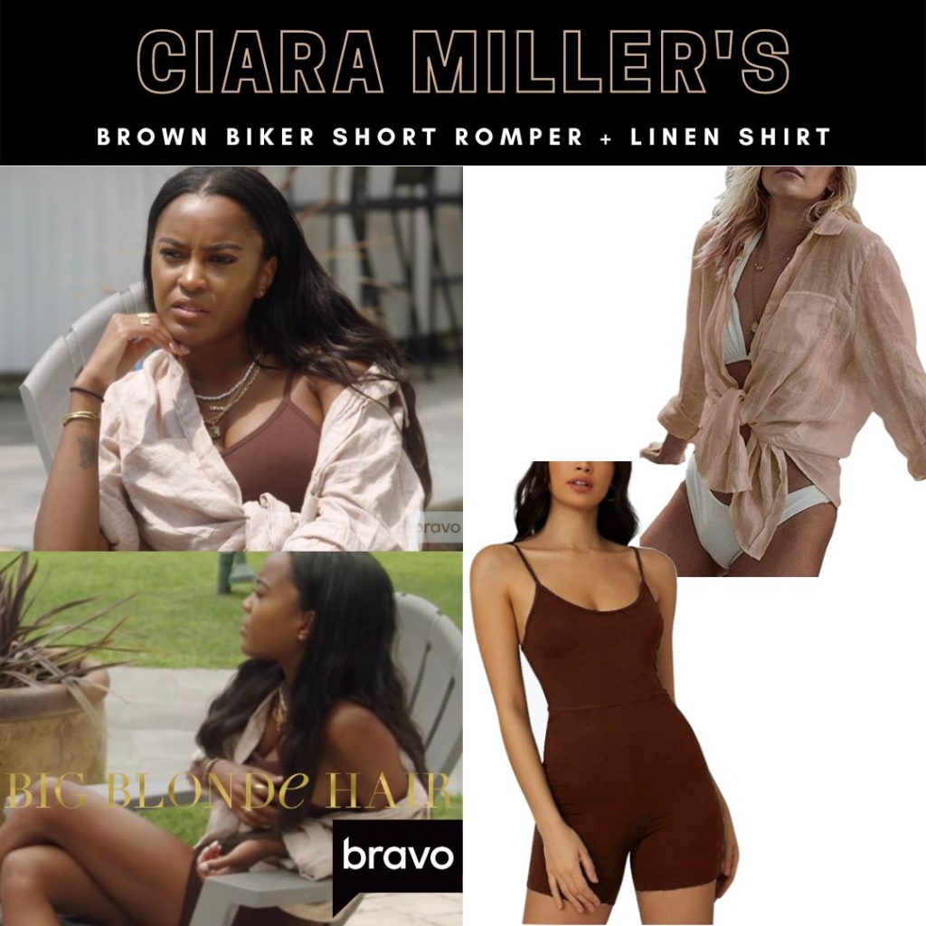 Ciara Miller's Linen Shirt and Brown Biker Short Romper