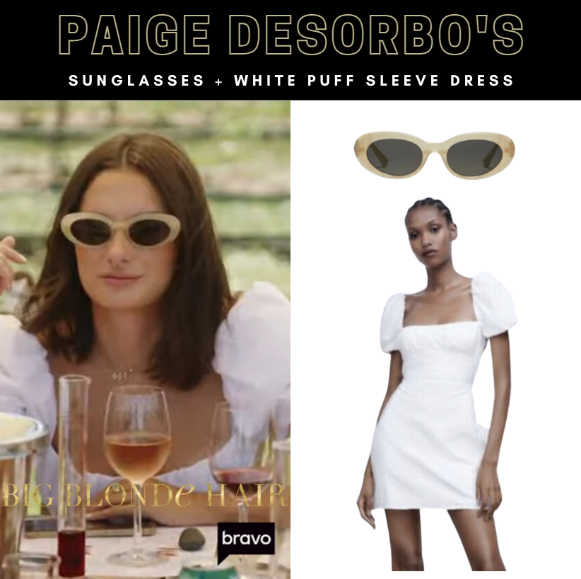 Paige DeSorbo's Sunglasses + White Puff Sleeve Dress