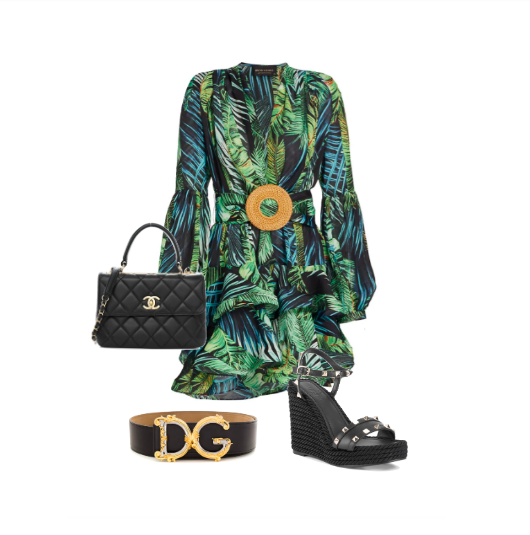 Jennifer Aydin's Green Tropical Print Dress, Belt, Espadrille Wedge Sandals and Bag