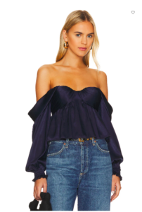 Dolores Catania's Navy Blue Off the Shoulder Confessional Top