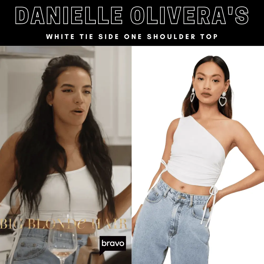 Danielle Olivera's White Tie Side One Shoulder Top