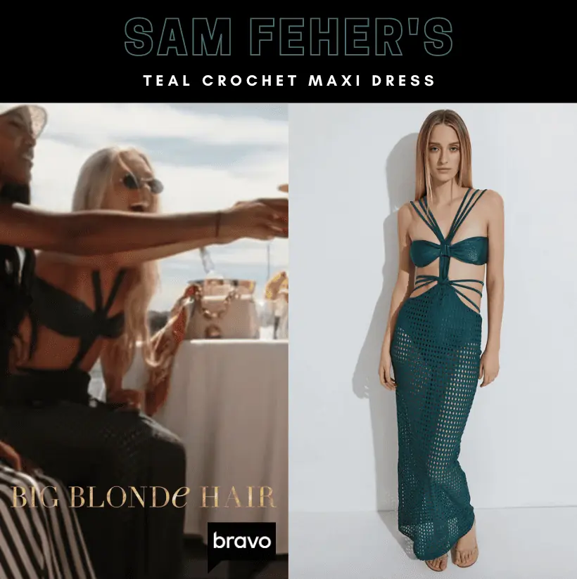 Sam Feher's Teal Crochet Maxi Dress