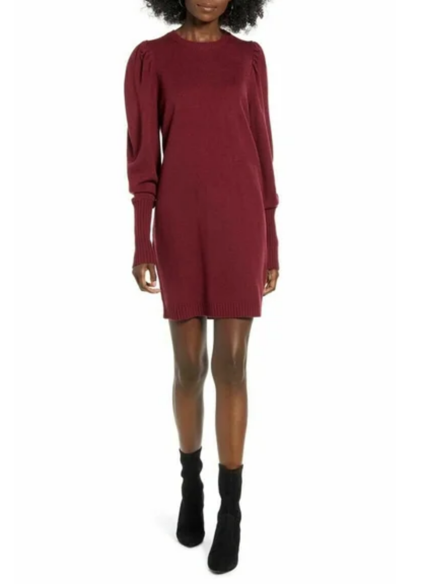 Emily Simpson's Burgundy Puff Sleeve Sweater Dress