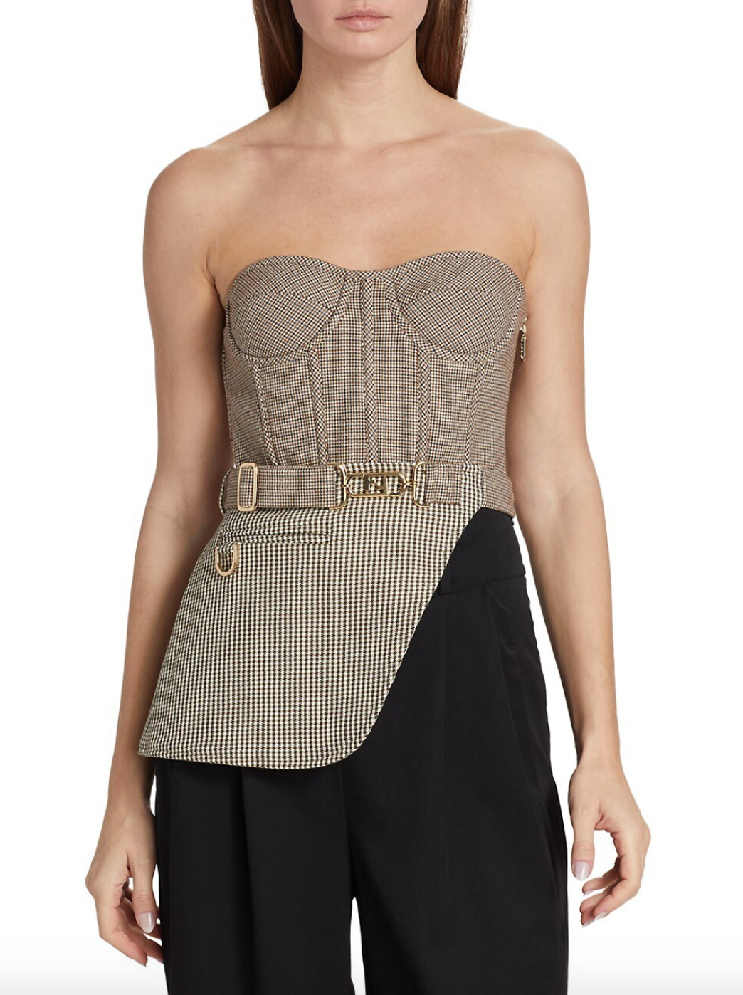Heather Altman's Houndstooth Belted Asymmetric Corset Top