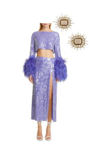 Jessel Taank's Purple Sequin Feather Trim Top and Skirt and Earrings