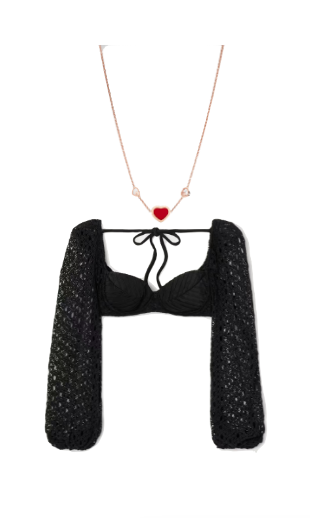 Ubah Hassan's Black Crochet Confessional Crop Top and Heart Necklace