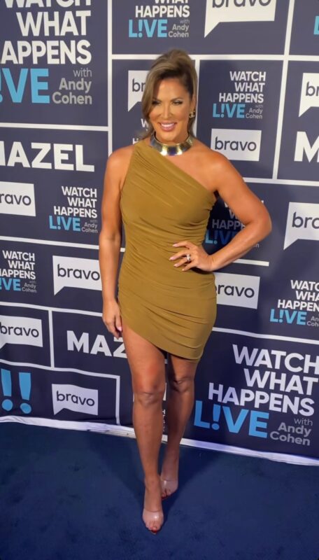Emily Simpson's Brown Ruched One Shoulder Dress on WWHL