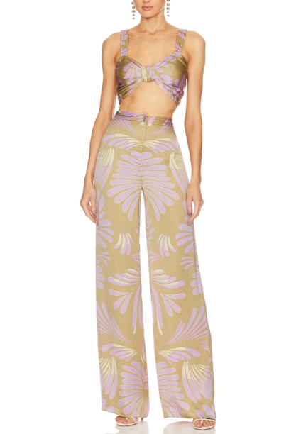 Gina Kirschenheiters Purple and Gold Crop Top and Pants Set
