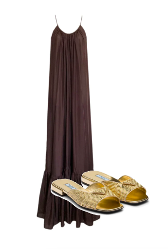 Jenna Lyons Brown Maxi Dress and Gold Embellished Prada Sandals