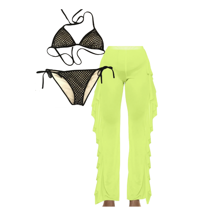 Jennifer Pedranti's Neon Green Cover Up Pants and Black Mesh Bikini Top