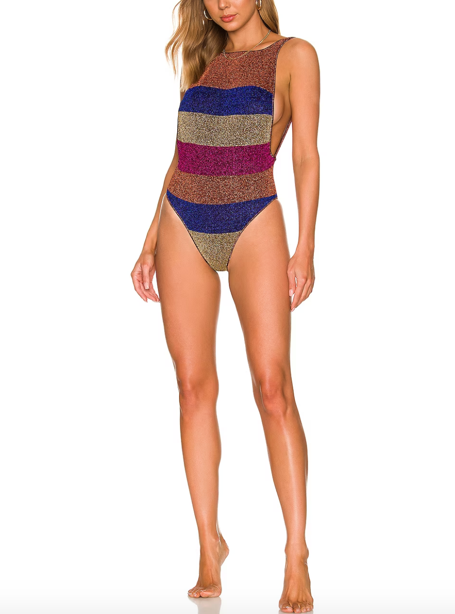 Jessel Taank's Striped Metallic Knit Swimsuit