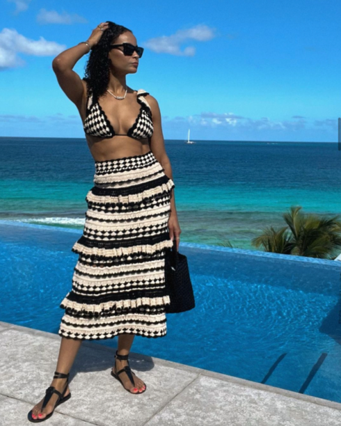 Sai De Silva's Black and White Striped Crochet Skirt Set