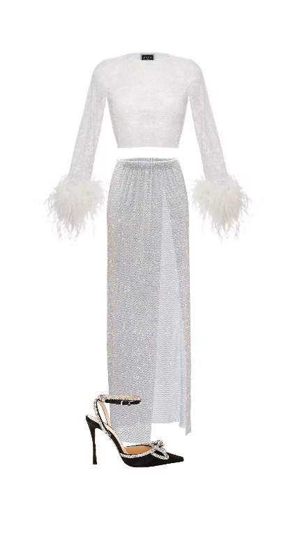 Brynn Whitfield's White Crystal Mesh Feather Trim Skirt Set