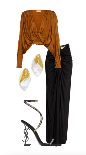 Jessel Taank's Brown Draped Top and Black Maxi Skirt on Watch What Happens Live