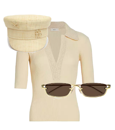 Alexia Echevarria's Ivory Ribbed Henley, Hat and Sunglasse