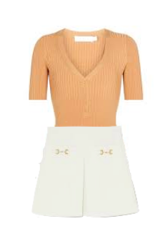 Nicole Martin's Tan Ribbed Top and White Skirt