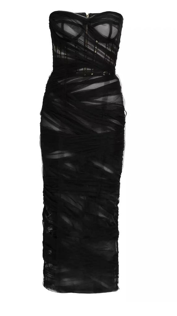 Sutton Stracke's Black Strapless Midi Dress