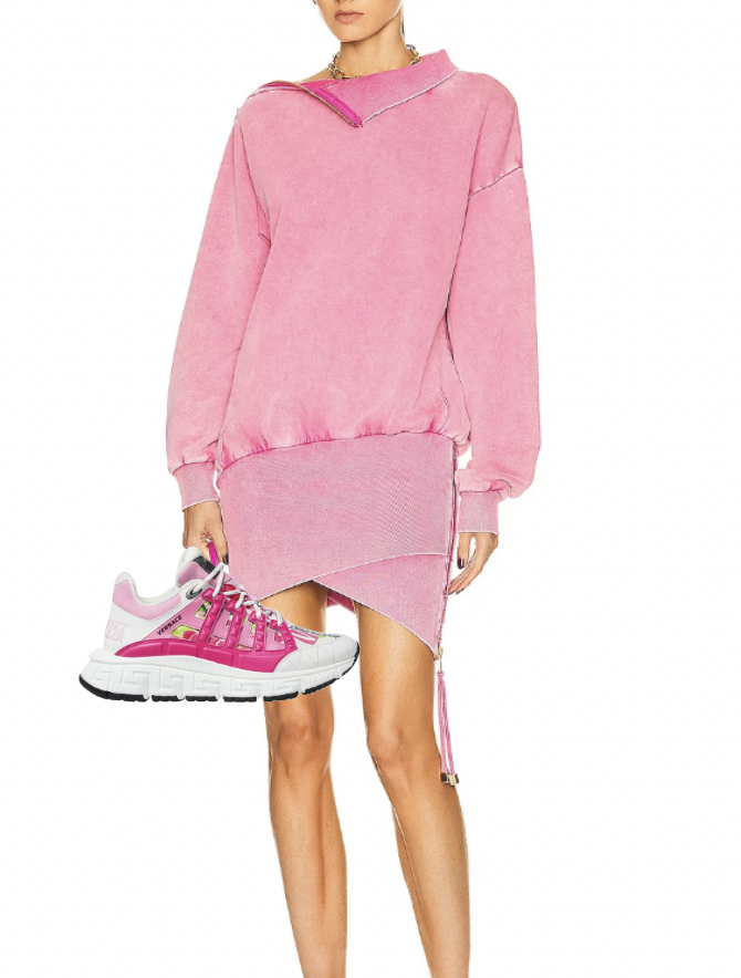 Angie Katsaneva's Pink Sweater Dress and Sneakers