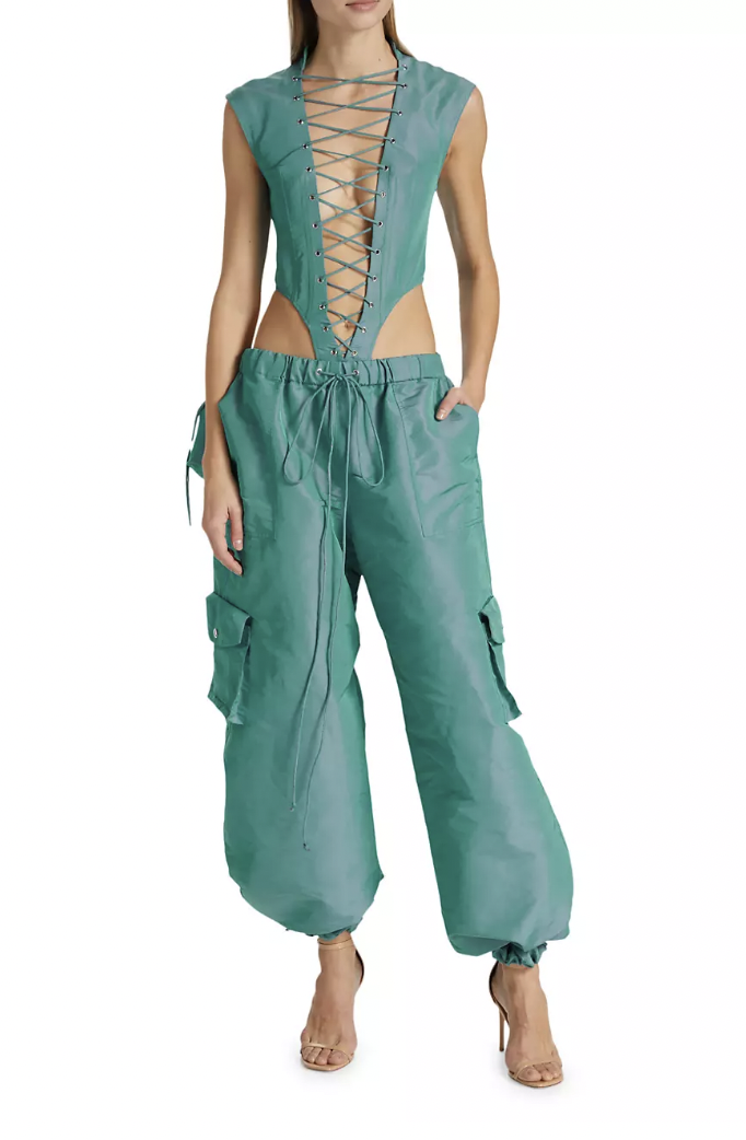 Angie Katsenevas Turquoise Blue Lace Bodysuit and Cargo Pants