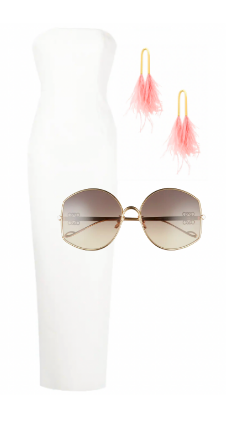 Heather Gay's White Strapless Maxi Dress and Pink Feather Earrings and Sunglasses