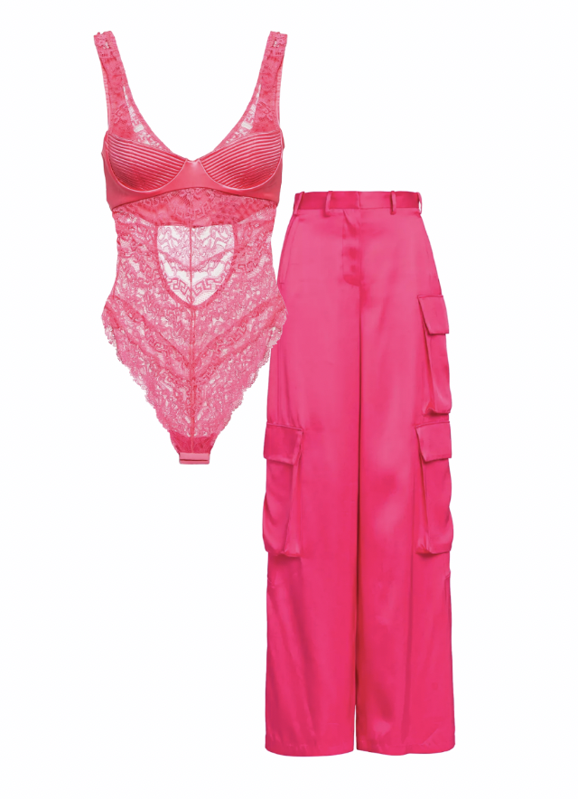 Lisa Barlow's Pink Satin Cargo Pants and Lace Top