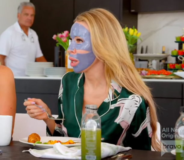 Lisa Hochstein's Blue Face Mask and Green Pajamas