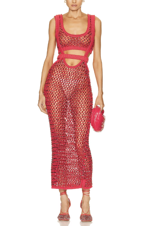 Angie Katseneva's Red Embellished Cutout Midi Dress