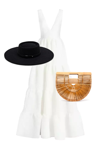 Kiki Barth's White Maxi Dress and Black Hat
