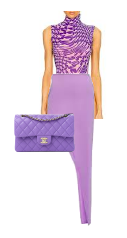 Lisa Hochstein's Purple Star Print Bodysuit and Asymmetrical Skirt