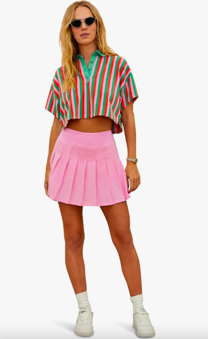 Nicole Martin's Striped Polo Top and Pink Pleated Skirt