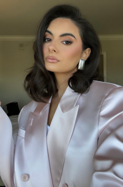 Paige DeSorbo's Pink Satin Blazer and Skirt Set