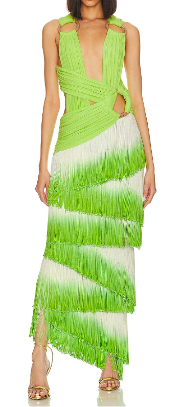 Alexia Echevarria's Green and White Fringe Cutout Maxi Dress