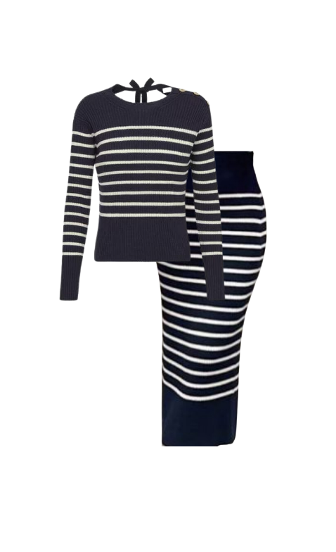 Dorit Kemsley's Navy Blue Striped Skirt Set