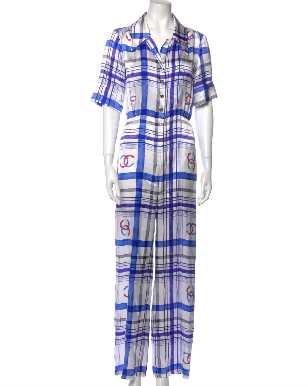 Dorit Kemsley's White and Blue Plaid Jumpsuit