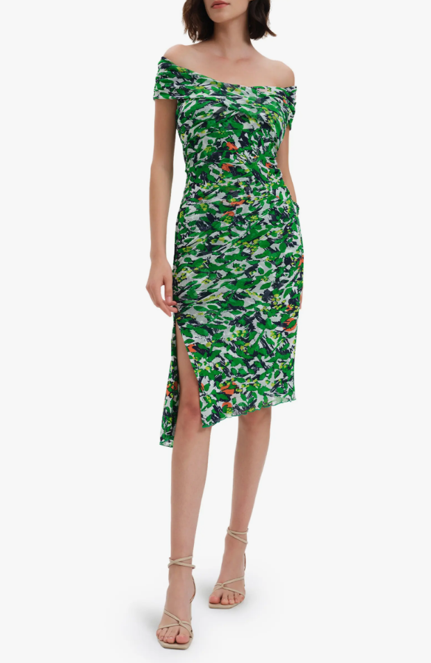 Kiki Barth's Green Floral Off the Shoulder Dress