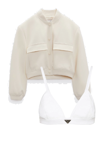 Paige DeSorbo's White Bomber Jacket and Bralette