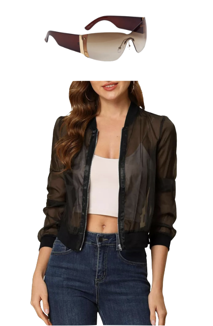 Scheana Shay's Black Sheer Bomber Jacket and Brown Sunglasses