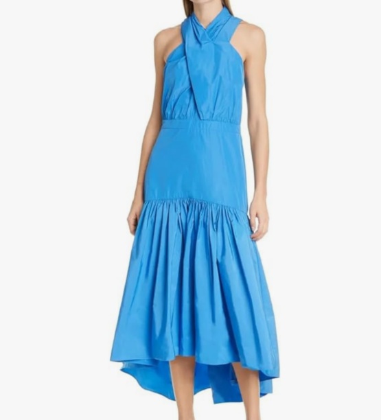 Danielle Olivera's Blue Cross Front Halter Dress