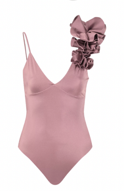 Danielle Olivera's Pink Ruffle One Piece Swimsuit