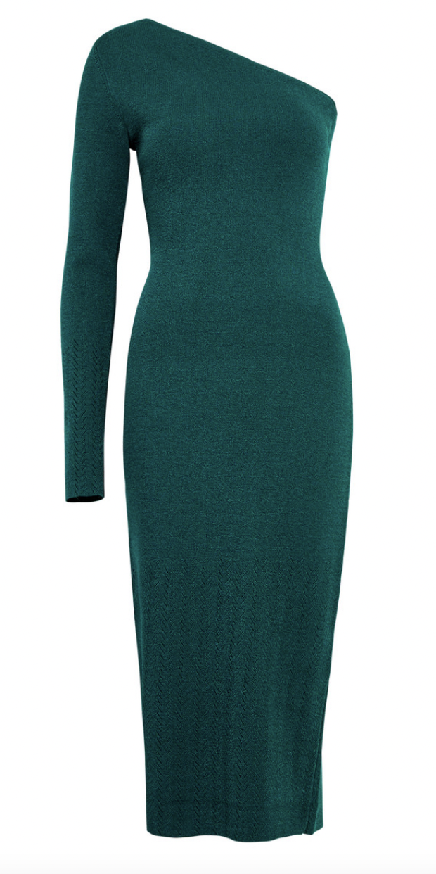Denise Richard's Green One Shoulder Metallic Midi Dress