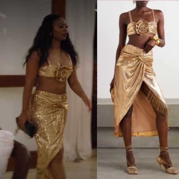 Keiana Stewart's Gold Sequin Rosette Crop Top and Skirt Set